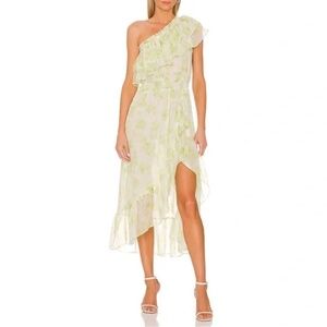Misa Los Angeles  Green and White off one  shoulder midi slit sheer  Dress
